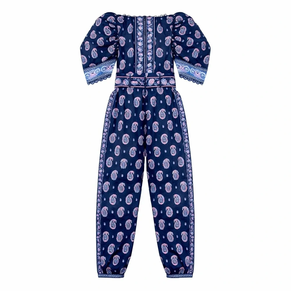 FARM Rio Printed Cotton Poplin Puff Sleeve Jumpsuit Navy Size Medium - Picture 3 of 9